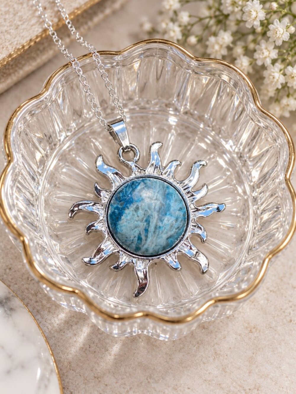 Blue Crazy Lace Agate Sun Pendant Necklace